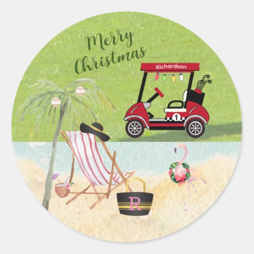 Merry Christmas Golf Cart Beach Monogram Name   Classic Round Sticker