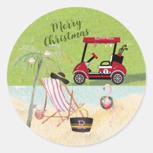 Merry Christmas Golf Cart Beach Monogram Name Classic Round Sticker