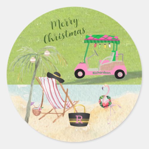 Merry Christmas Golf Cart Beach Monogram Name Classic Round Sticker