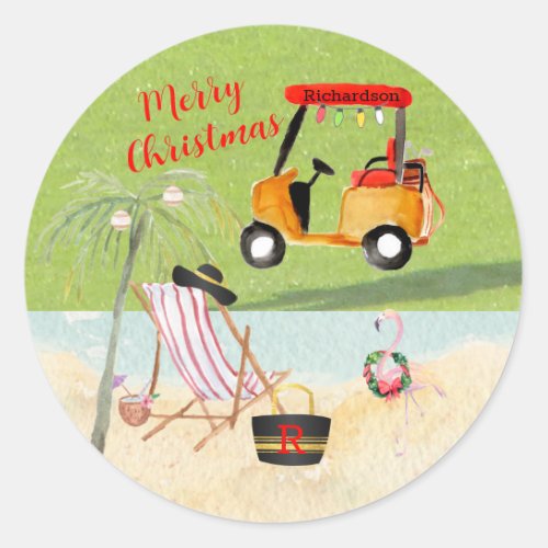 Merry Christmas Golf Cart Beach Monogram Name Classic Round Sticker