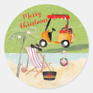 Merry Christmas Golf Cart Beach Monogram Name Classic Round Sticker