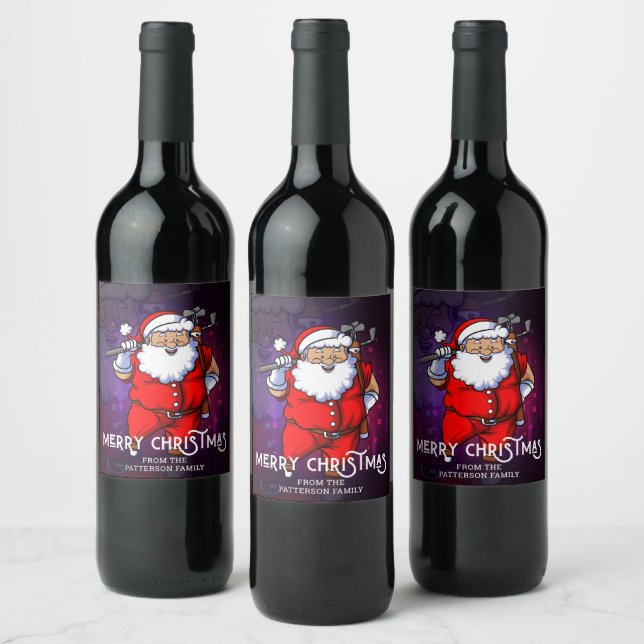 Merry Christmas Golf Sports Santa Personalized Wine Label (Bottles)