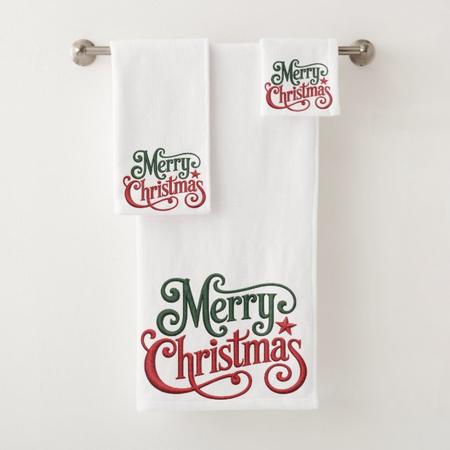 Merry Christmas Gothic Embroidery Typography Bath Towel Set (Insitu)