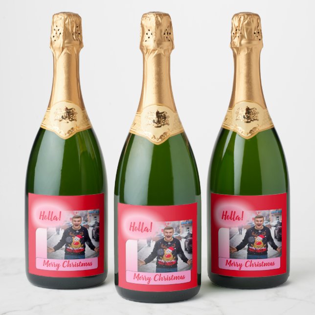 Merry Christmas Gradient Modern Add Photo Text Sparkling Wine Label (Bottles)