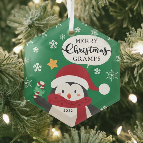 Merry Christmas Gramps Penguin Glass Ornament