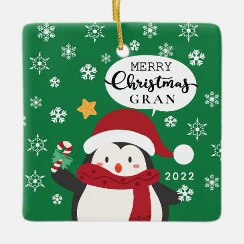 Merry Christmas Gran Penguin Ceramic Ornament