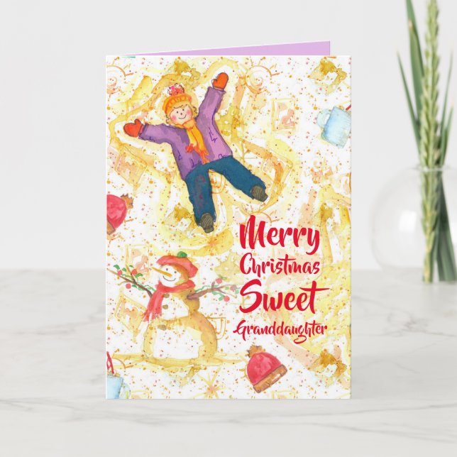 Merry Christmas Granddaughter Snowman Angels Card (Front)