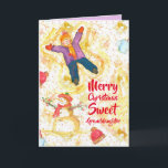 Merry Christmas Granddaughter Snowman Angels Card<br><div class="desc">Merry Christmas greetings for a sweet granddaughter decorated with a young girl making snow angels with a smiling snowman and snow falling illustrated with watercolor.  A shade of lilac purple is on the inside.  You can edit the inside color and text to fit your needs.</div>