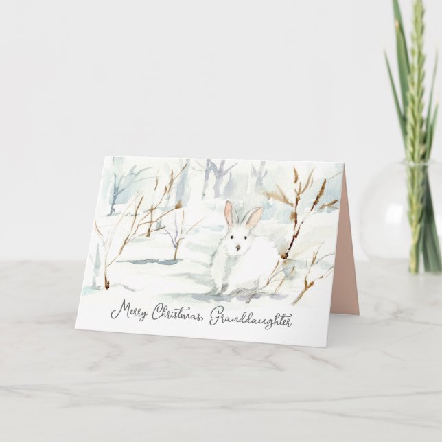 Merry Christmas Granddaughter White Rabbit Snow Card (Front)