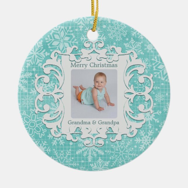 Merry Christmas Grandma and Grandpa Holiday Photo Ceramic Ornament (Front)