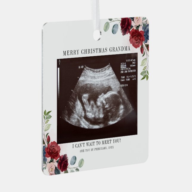 Merry Christmas  Grandma Floral Ultrasound Photo Metal Ornament (Front Right)