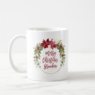 Merry Christmas Grandma Floral Wreath with Gold Coffee Mug