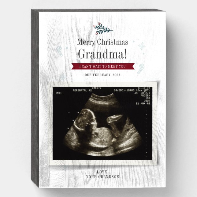 Merry Christmas Grandma Gender Reveal Ultrasound Wooden Box Sign (Front Vertical)