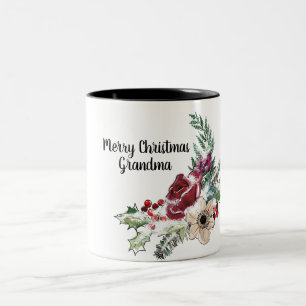 Merry Christmas Grandma Holly Berry Floral Two-Tone Coffee Mug