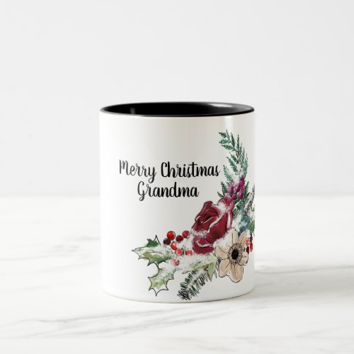 Merry Christmas Grandma Holly Berry Floral Two_Tone Coffee Mug