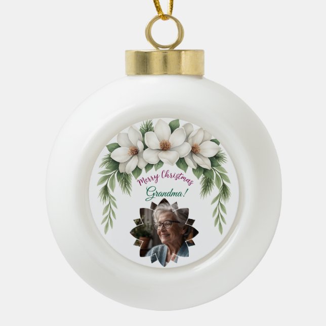 Merry Christmas Grandma Photo Holiday Gift Ceramic Ball Christmas Ornament (Front)