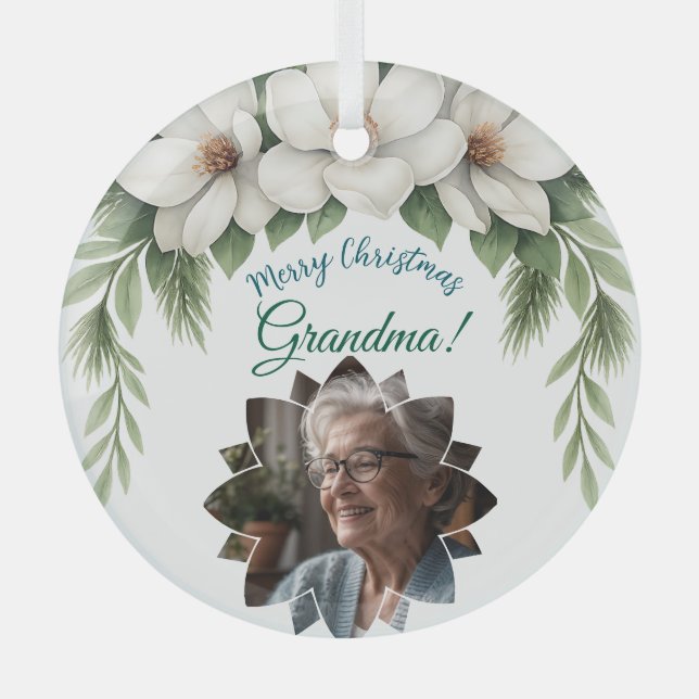Merry Christmas Grandma Photo Holiday Gift Glass Ornament (Front)