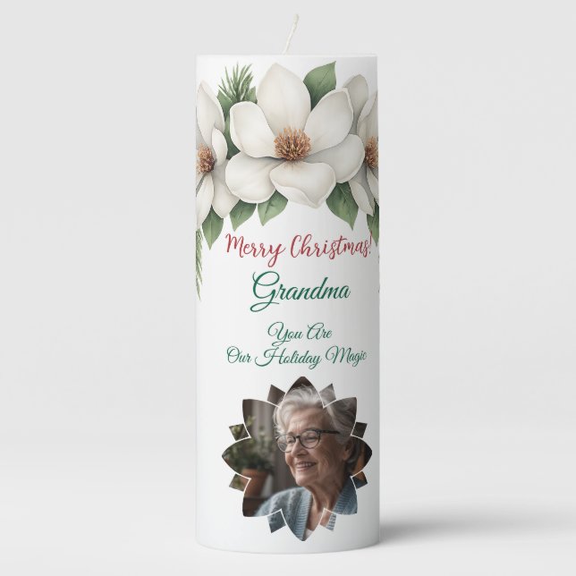 Merry Christmas Grandma Photo Holiday Gift Pillar Candle (Front)