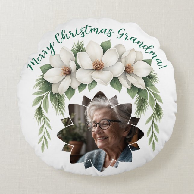 Merry Christmas Grandma Photo Holiday Gift Round Pillow (Front)