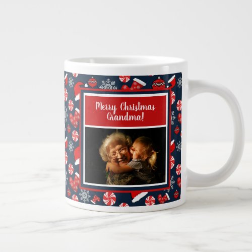 Merry Christmas Grandma Photo Holiday Pattern Giant Coffee Mug
