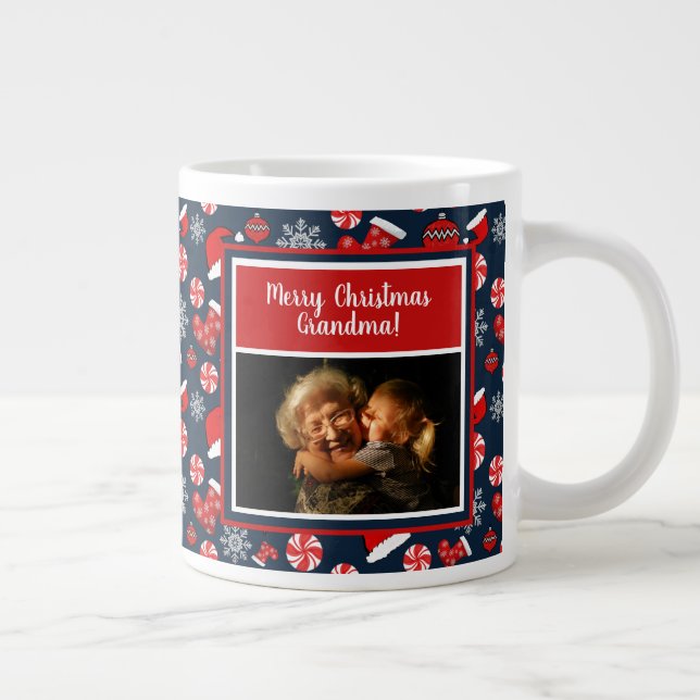 Merry Christmas Grandma Photo Holiday Pattern Giant Coffee Mug (Right)