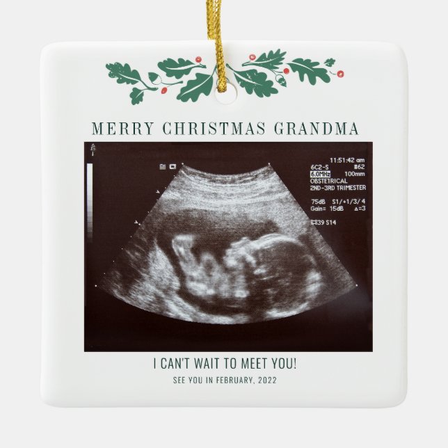 Merry Christmas Grandma Pregnancy Baby Reveal Ceramic Ornament (Front)