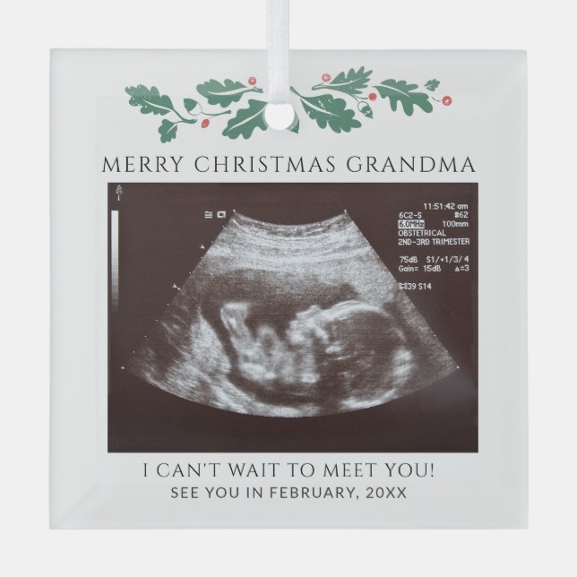 Merry Christmas Grandma Pregnancy Baby Reveal Glass Ornament (Front)