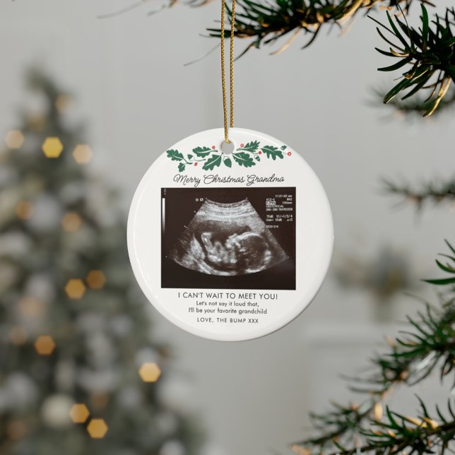Merry Christmas Grandma Pregnancy Ultrasound Ceramic Ornament (Grandma Keepsake Pregnancy Announcement Sonogram Ceramic Ornament)