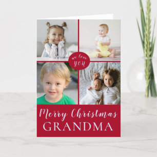Merry Christmas Grandma Red Silver Photo Collage Holiday Card