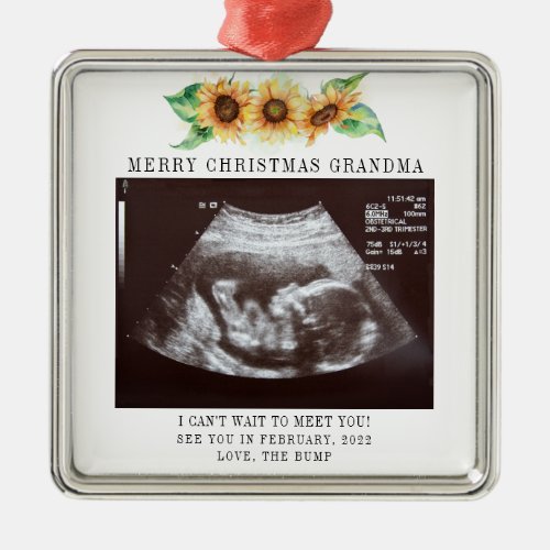 Merry Christmas Grandma Ultrasound Photo Sunflower Metal Ornament