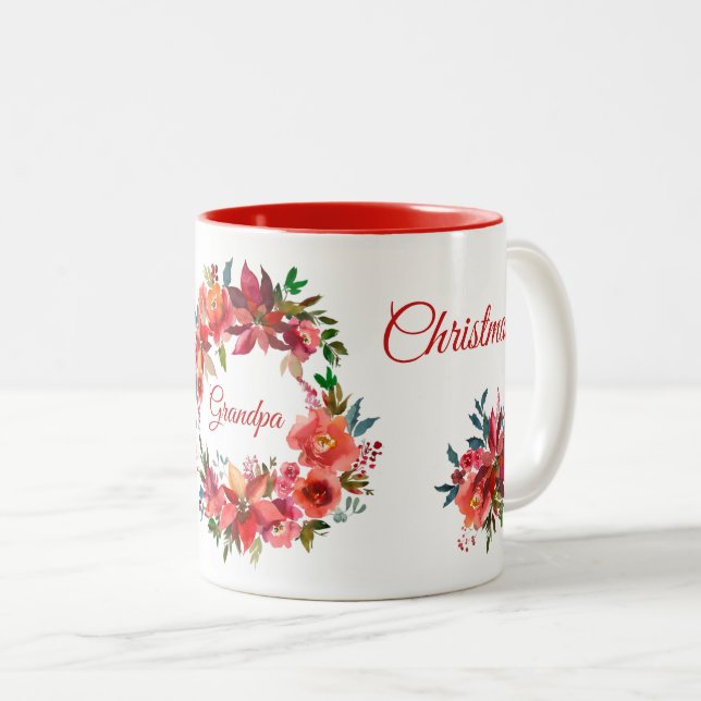 Merry Christmas Grandpa Floral Poinsettia Wreath   Two-Tone Coffee Mug (Front Right)