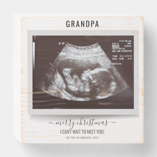 Merry Christmas Grandpa Ultrasound Photo Pregnancy Wooden Box Sign (Front Horizontal)