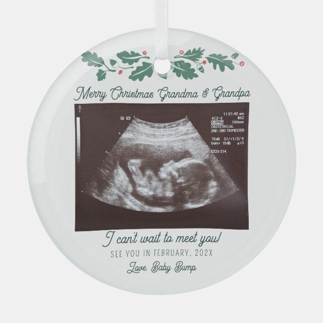 Merry Christmas Grandparent Pregnancy Announcement Glass Ornament (Front)