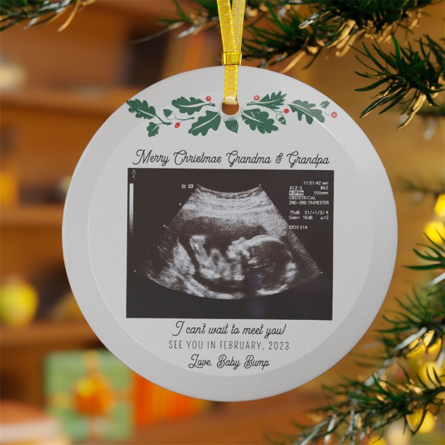 Merry Christmas Grandparent Pregnancy Ultrasound Glass Ornament (Christmas Pregnancy Announcement Grandma Glass Ornament Keepsake)