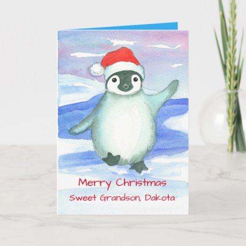 Merry Christmas Grandson Baby Penguin Custom Holiday Card
