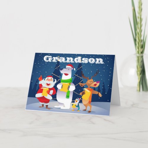 MERRY CHRISTMAS GRANDSON CAROLING FOR YOU HOLIDAY CARD