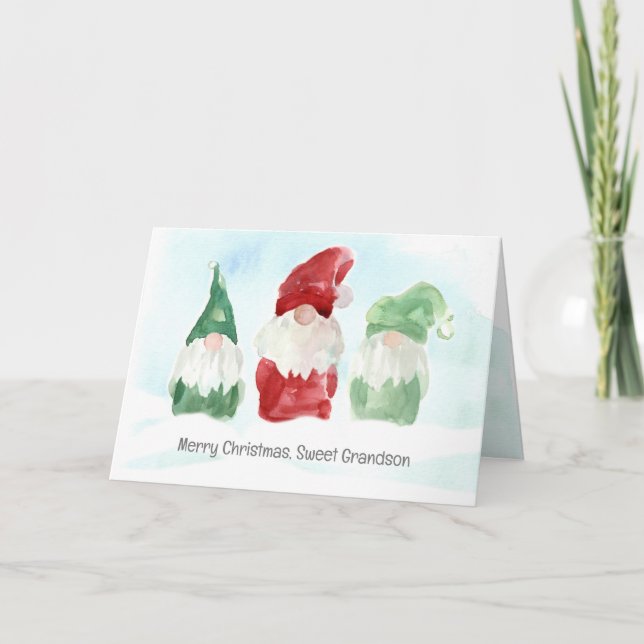 Merry Christmas Grandson Holiday Gnomes Snow Card (Front)