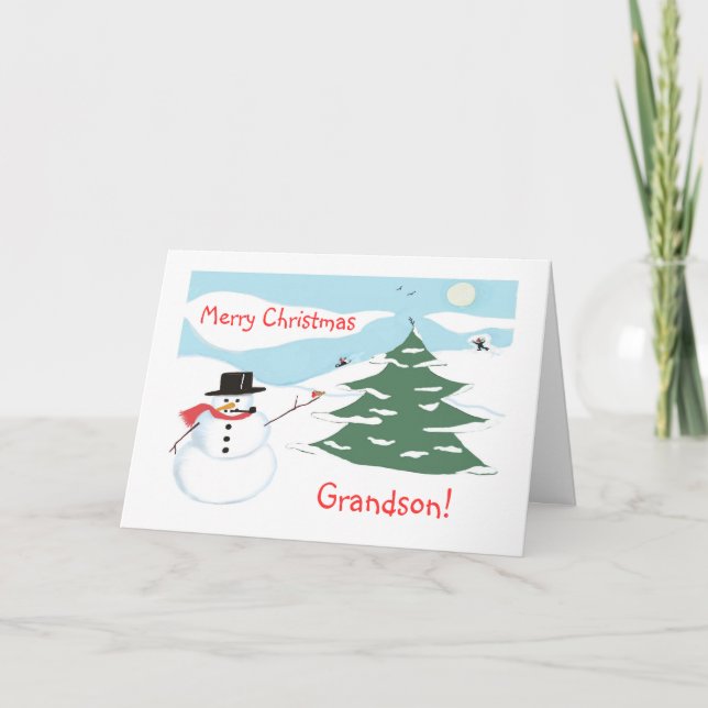 Merry Christmas Grandson!-Snowman and Sledding Holiday Card (Front)