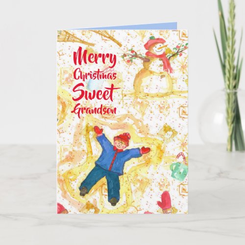Merry Christmas Grandson Snowman Angels Winter Card