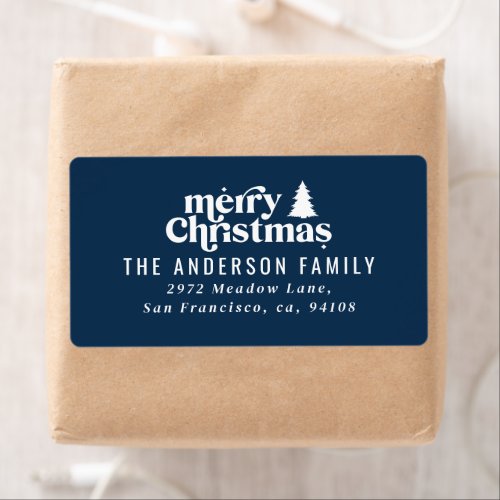 Merry Christmas graphic tree retro navy blue Label