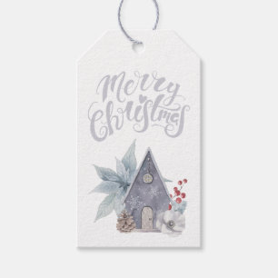 Merry Christmas Gray Birdhouse Poinsettias Gift Tags