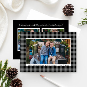 Merry Christmas Gray Black Buffalo Plaid Photo Holiday Card