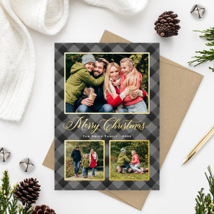 Merry Christmas Gray Buffalo Plaid Photo Collage Foil Holiday Card
