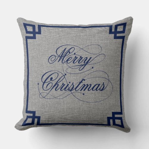 Merry Christmas Gray Faux Linen Blue Frame Throw Pillow