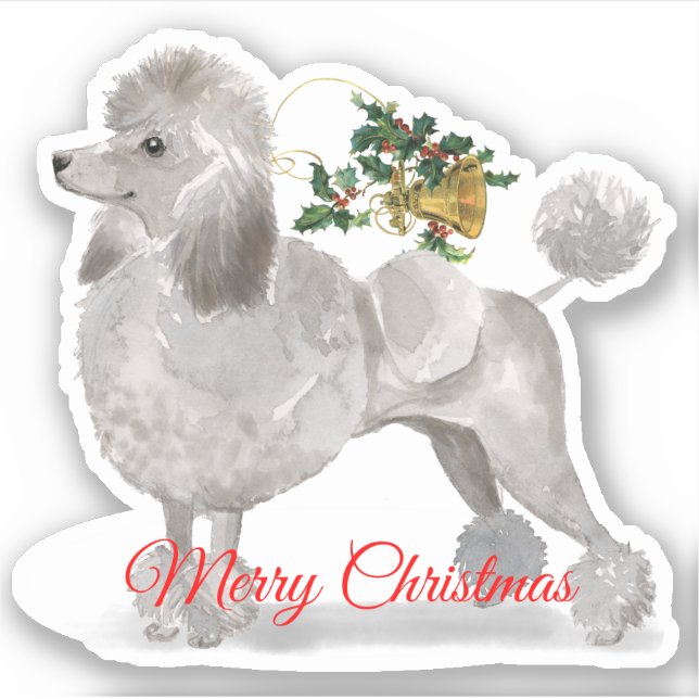 Merry Christmas Gray Poodle Custom-Cut Vinyl Sticker (Front)