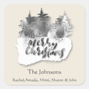 Merry Christmas Gray Silver Ivory Holidays Name 3D Square Sticker