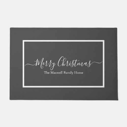 Merry Christmas gray white family name  Doormat