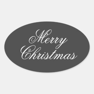 Merry Christmas Gray White Script Oval Sticker
