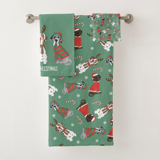 Merry Christmas Great Dane Dogs Bath Towel Set (Insitu)
