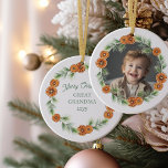 Merry Christmas Great Grandma Citrus Wreath Photo Ceramic Ornament<br><div class="desc">Personalize this elegant Christmas ornament as a gift for Great Grandma (or whoever you wish) as a keepsake for a new baby or just to share a lovely photo. Your photo is framed with a festive citrus wreath of oranges and pine leaves on a white background. The back of the...</div>
